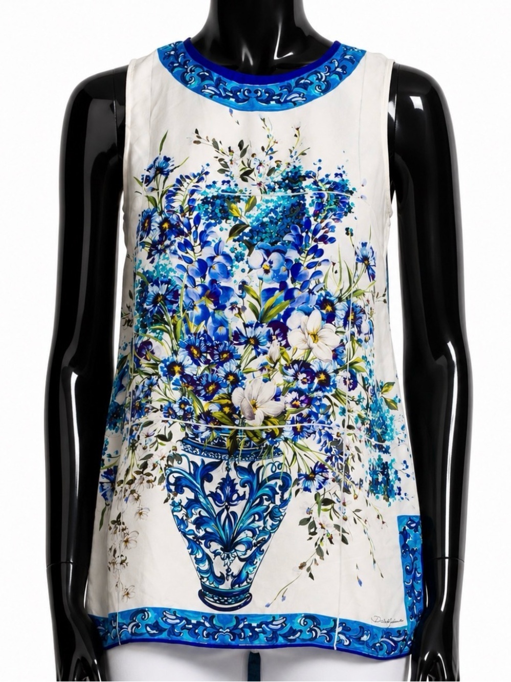Dolce&Gabbana blue silk majolica Sleeveless Floral Vase Print blouse top IT 38 - Picture 1 of 13